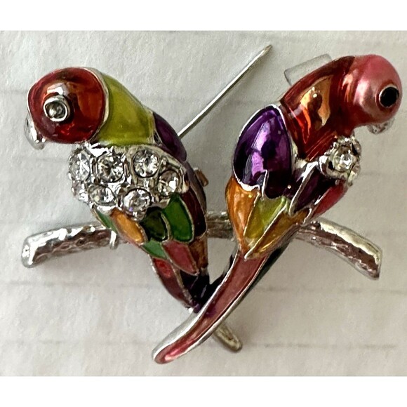 Vintage Enamel and Rhinestone Parrots on Branch Brooch Pin 1.5 x 1.5" Tropical - Picture 6 of 6
